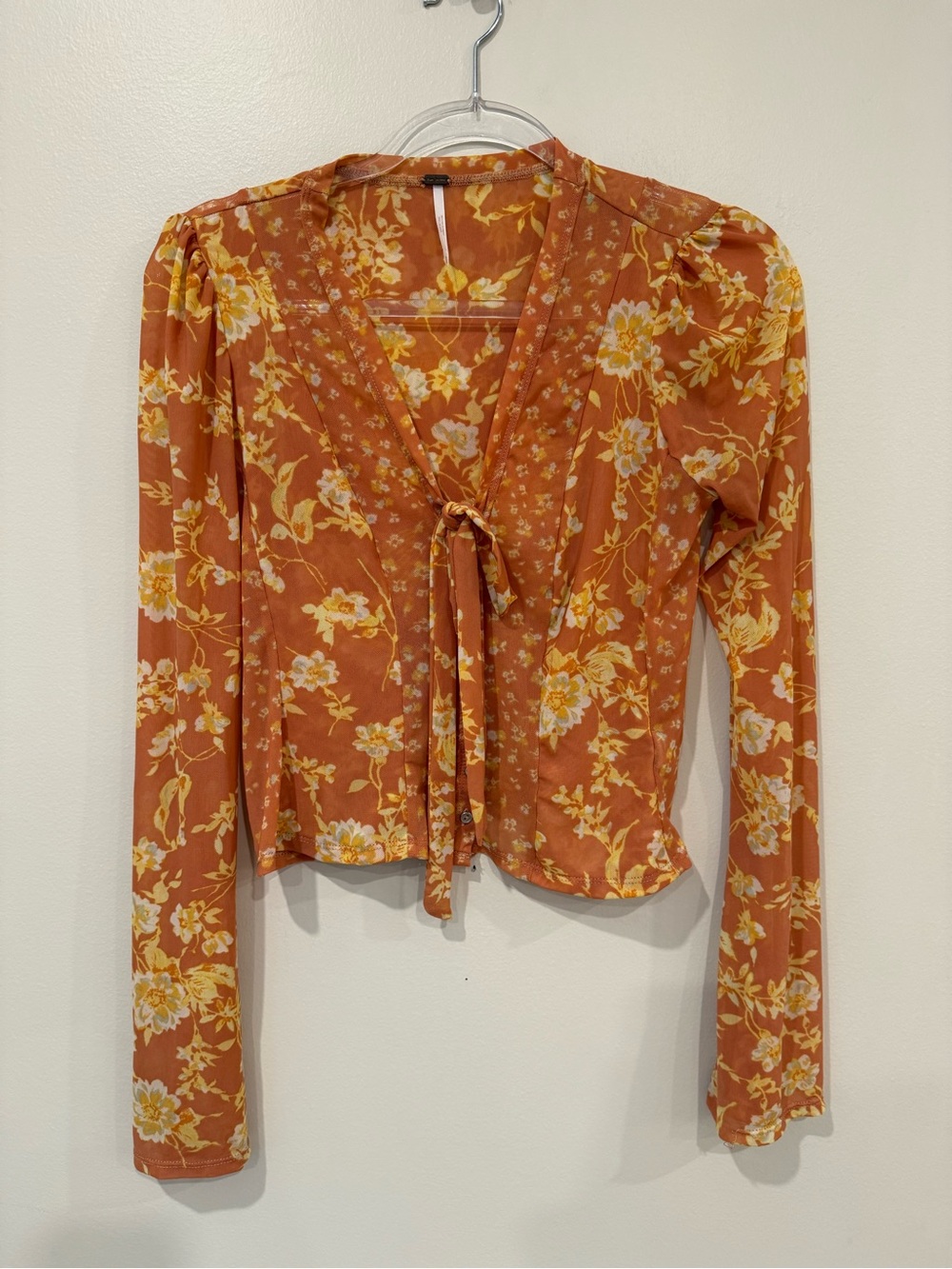 Free People Floral Sheer Mesh Tie Front Button Up Blouse Orange Yellow XS